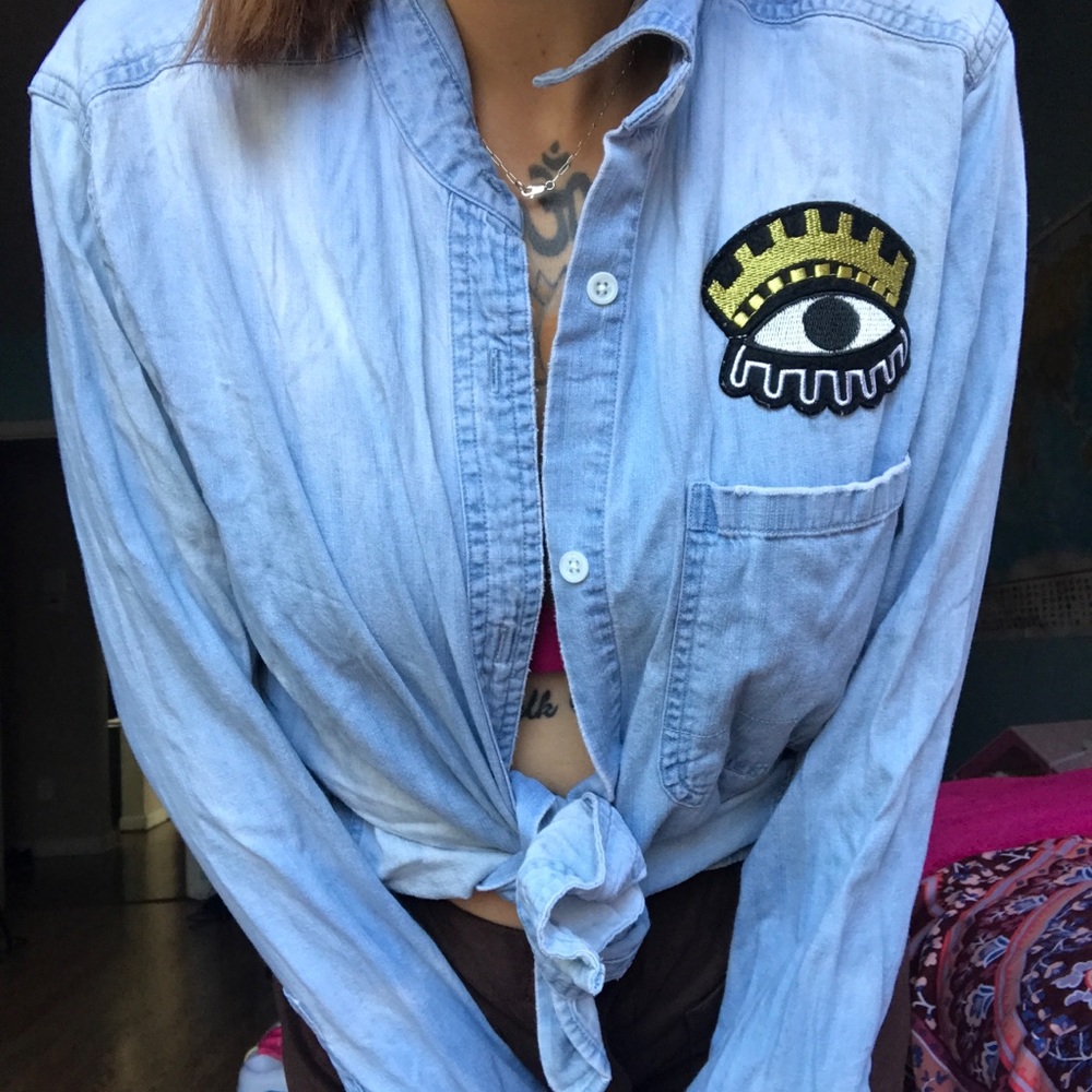 Unique Denim button up with eye patch